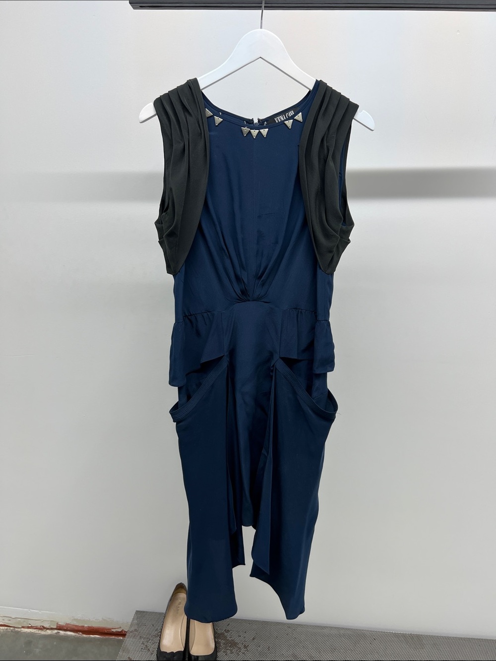 Vena Cava Navy and Black Sleeveless Midi Dress with Draped Panels